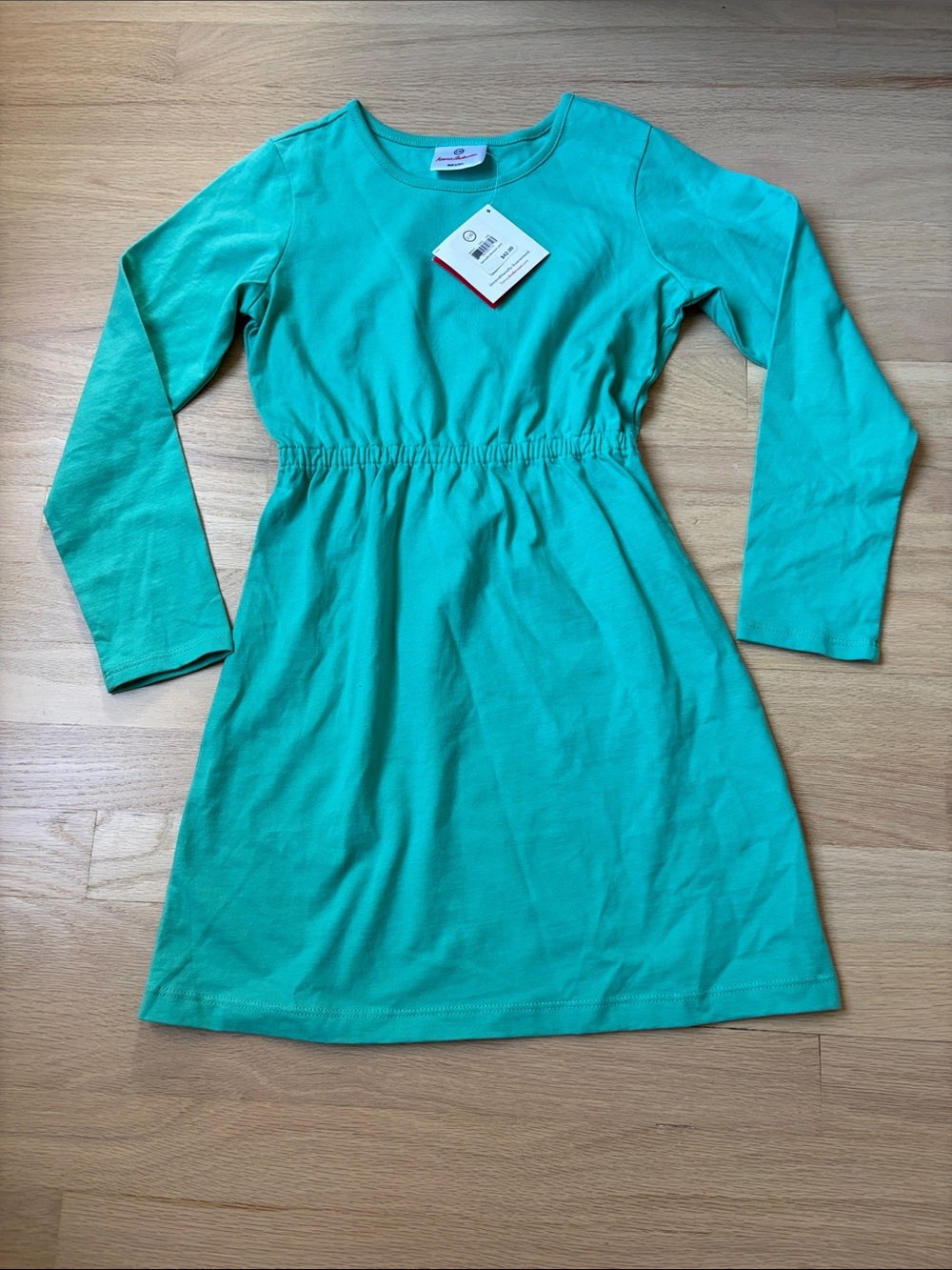 NWT Hanna Andersson Teal Long-Sleeve Gathered-Waist Cotton Dress
